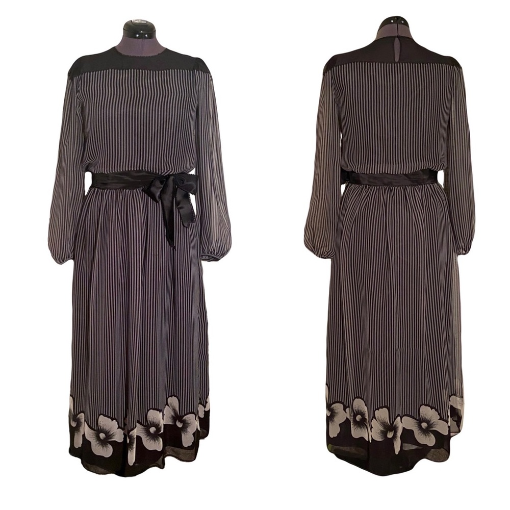 80’s Vintage Shin Length Striped Floral Sheer Bow Waist